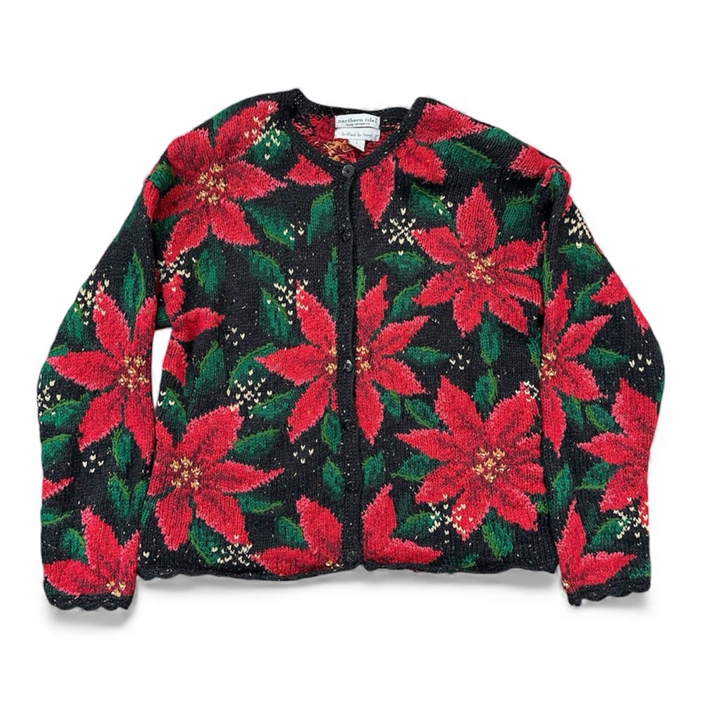 Hand Knit Vintage Christmas Poinsettia Sweater Northern Isles